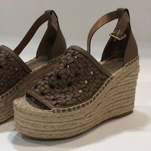 Women’s Tory Burch Brown Woven Leather Platform Wedge Sandals Size 7M